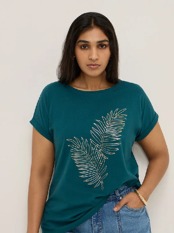 Gia Teal Leaf Design Cotton T-Shirt