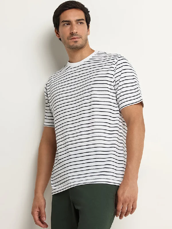 WES Lounge White Striped Cotton Blend Relaxed Fit T-Shirt