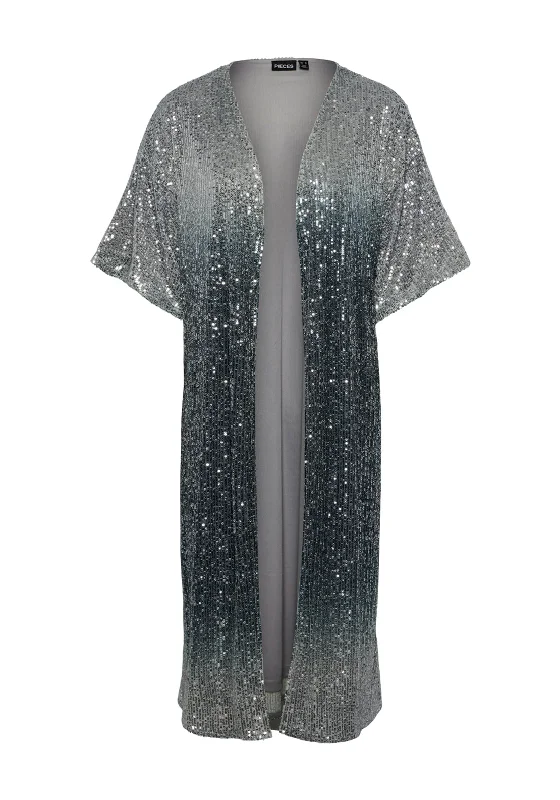 Pieces Delphia Ombre Sequin Longline Kimono, Silver