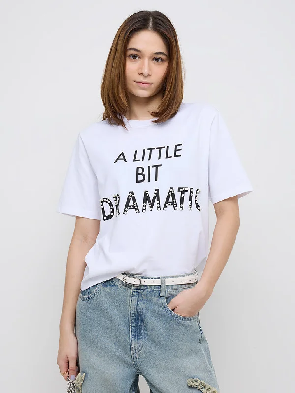 Nuon White Text Embellished Cotton T-Shirt