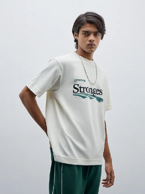 Studiofit Off-White Text Design Relaxed-Fit Cotton T-Shirt