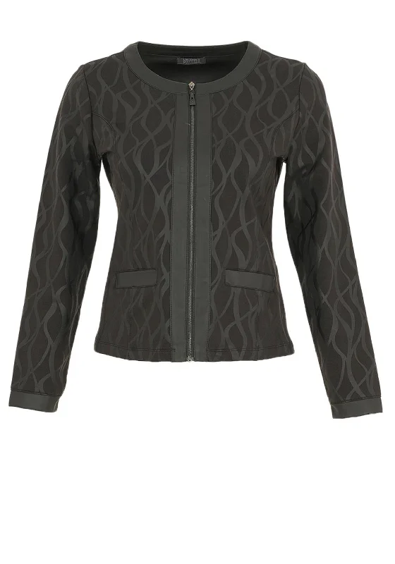 Dolcezza Wavy Print Faux Leather Trim Jacket, Black