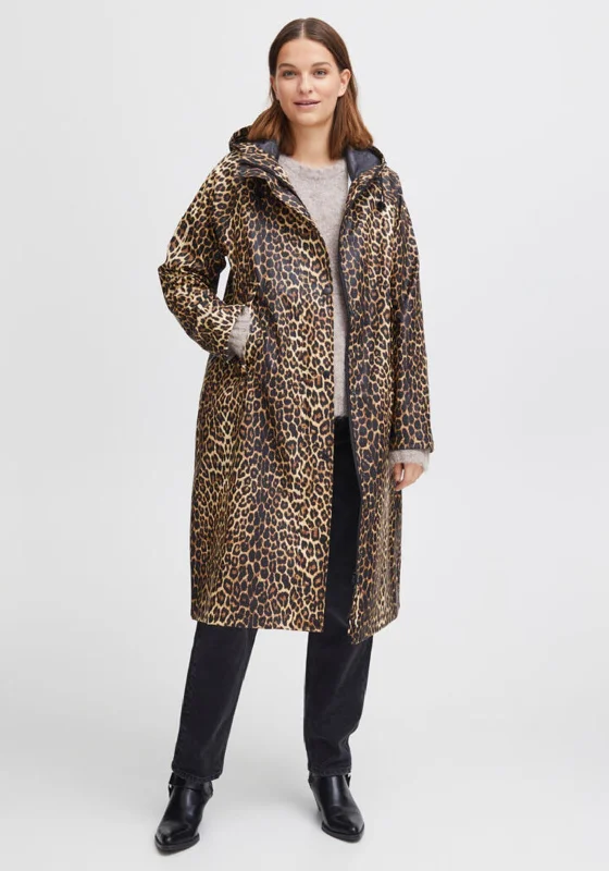 b.young Leopard Print Long Raincoat, Black Multi