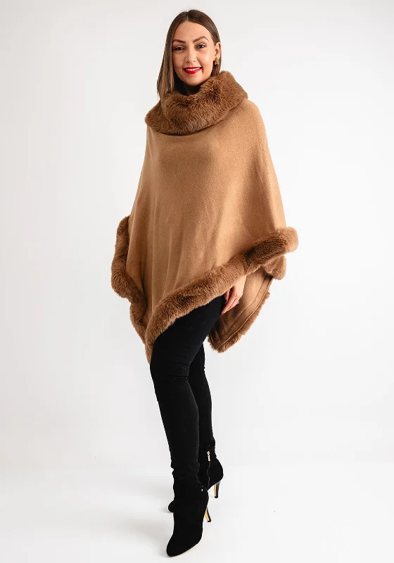 Serafina Collection Faux Fur Knit One Size Poncho, Camel