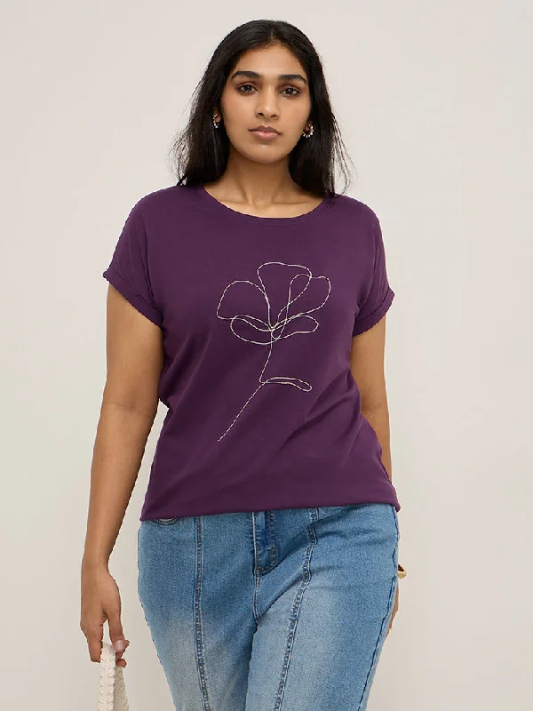 Gia Purple Floral Embellished Cotton T-Shirt