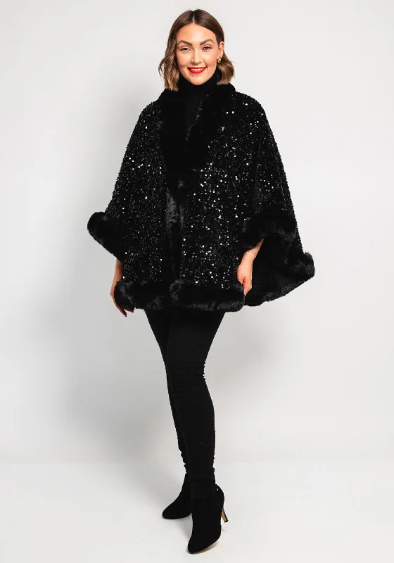 Malissa J One Size Sequin Faux Fur Cape, Black