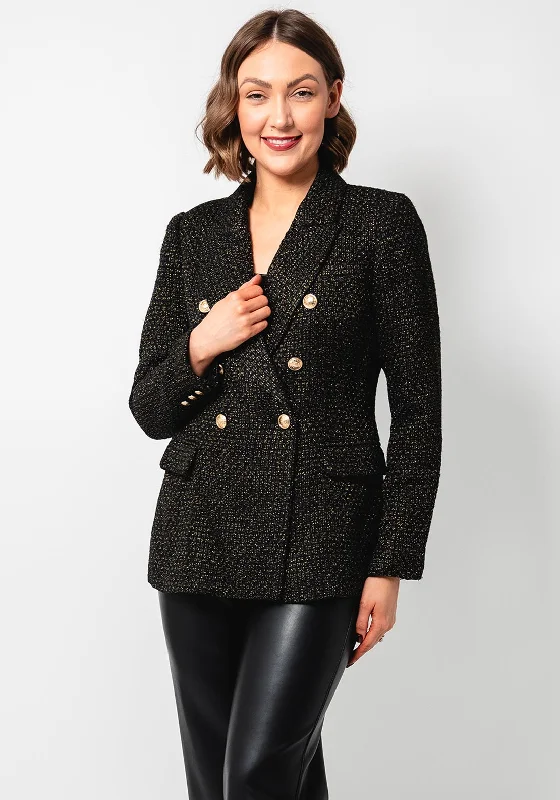 Esqualo Boucle Knit Crested Button Blazer, Black