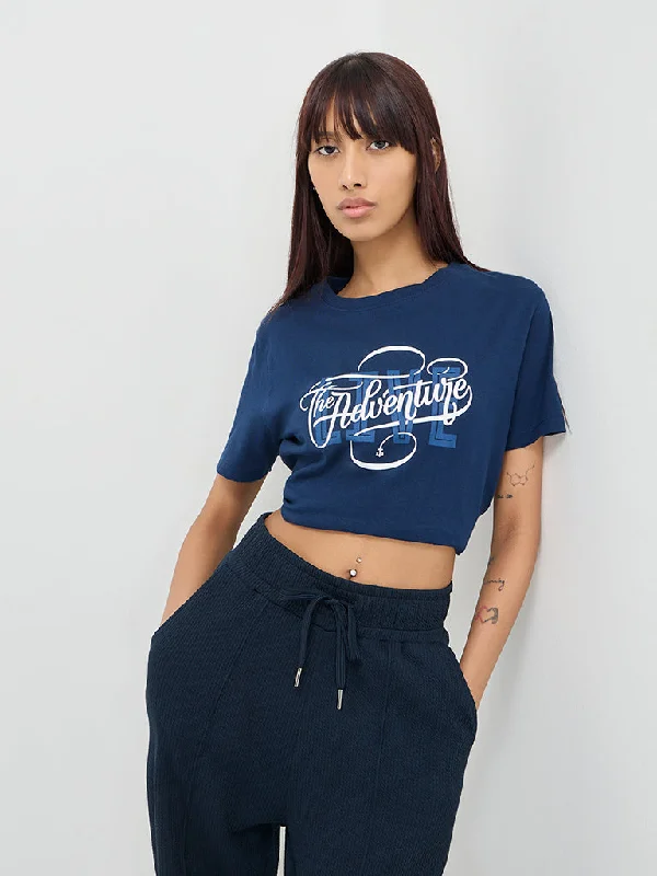 Studiofit Navy Blue Text Printed Cotton T-Shirt