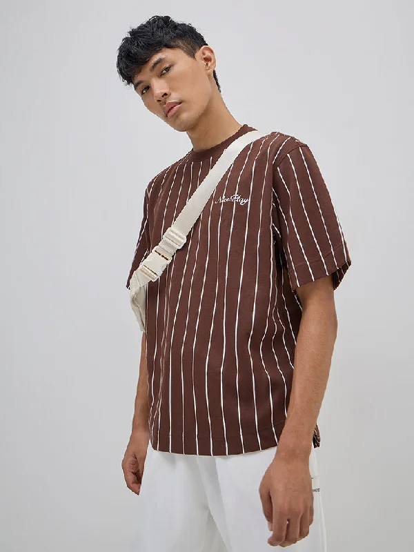 Studiofit Brown Striped Relaxed-Fit T-Shirt