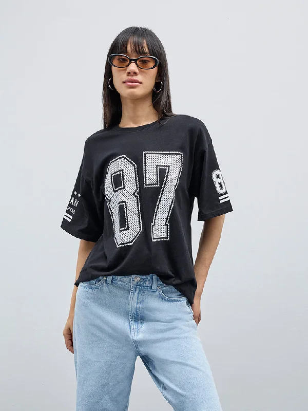 Nuon Black Printed Cotton T-Shirt