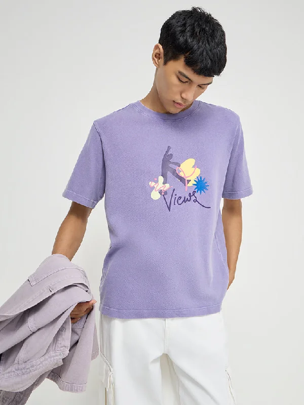 Nuon Purple Text Printed Relaxed-Fit Cotton T-Shirt