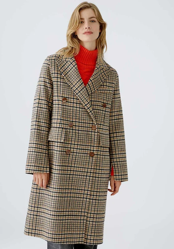 Oui Check Wool Blend Coat, Brown