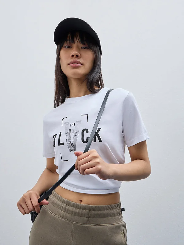 Studiofit White Text Printed Cotton T-Shirt