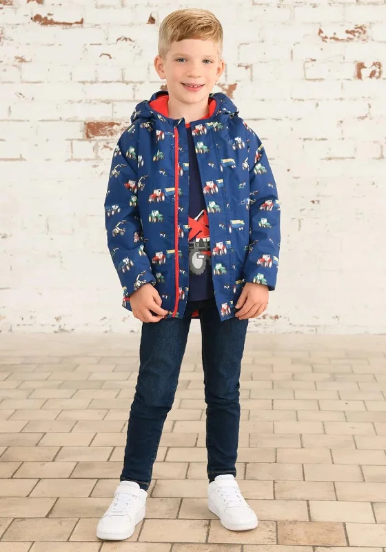 Little Lighthouse Boy Finlay Tractor Print Waterproof Coat, Navy