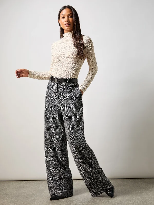 Grey Herringbone Wide Leg Trousers