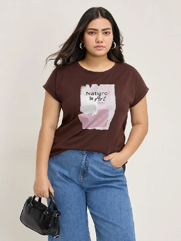 Gia Brown Text-Printed Cotton T-Shirt