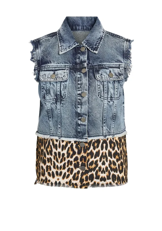 Noisy May Leopard Patch Denim Sleeveless Jacket, Light Blue