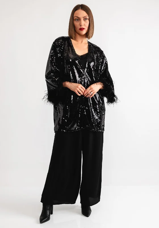 Malissa J Sequin Jacket with Feather Cuffs, Black