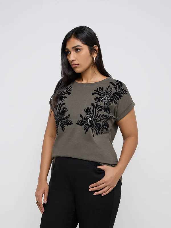 Gia Olive Floral Embellished Cotton T-Shirt