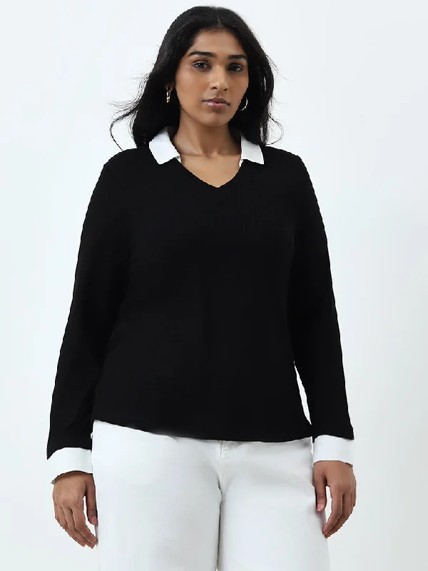 Gia Black Ribbed Collared T-Shirt