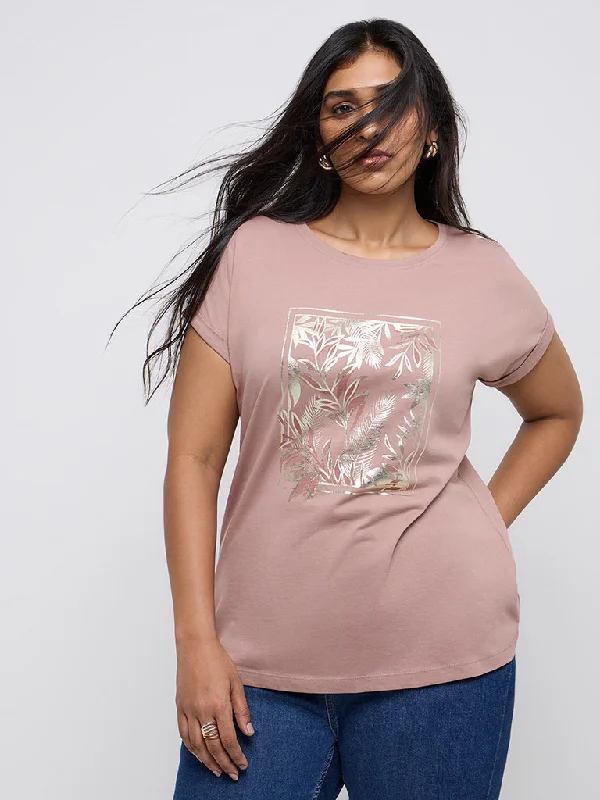 Gia Mauve Botanical Print Cotton T-Shirt