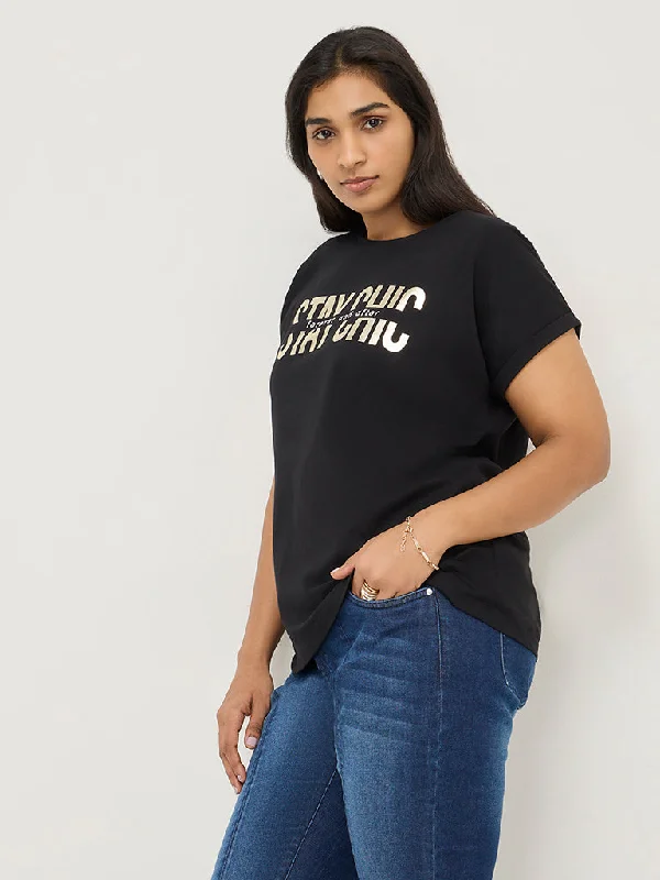 Gia Black Text-Printed Cotton T-Shirt