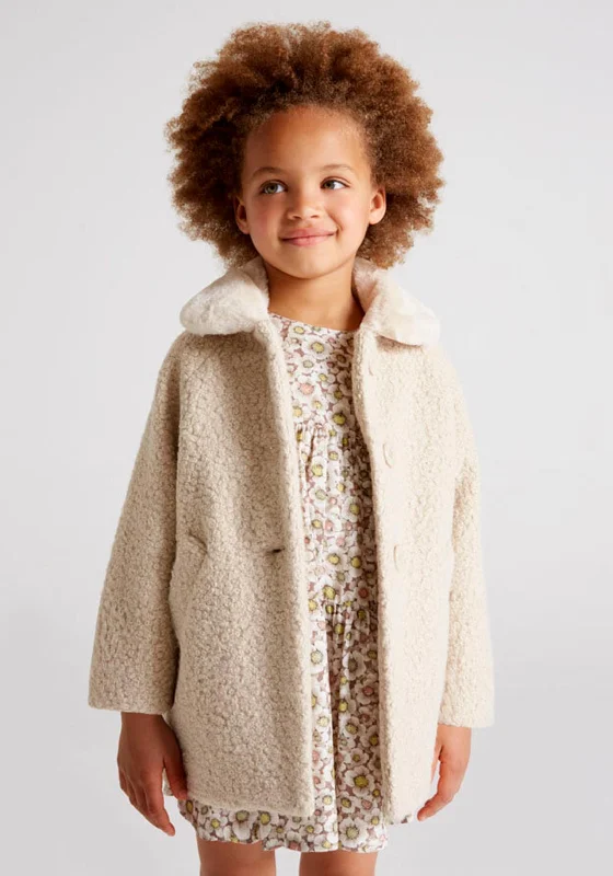 Mayoral Girl Long Sleeve Teddy Jacket, Cream