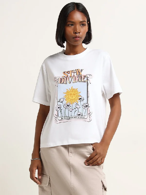 Nuon White Contrast Print Cotton T-Shirt