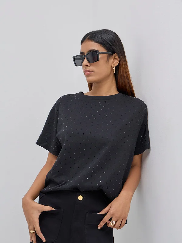 LOV Black Embellished Cotton T-Shirt