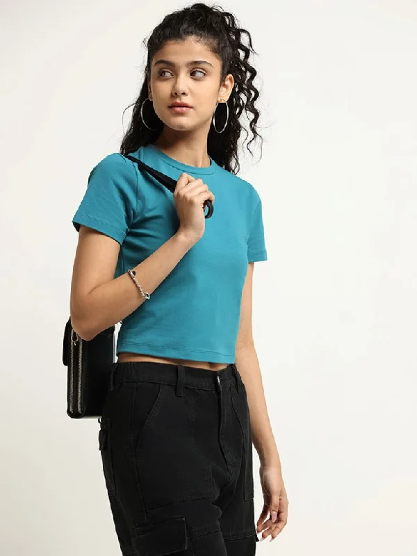 Nuon Teal Solid Cotton Crop T-Shirt