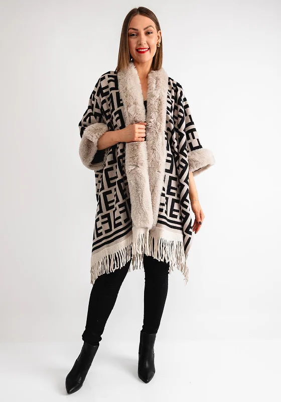 Serafina Collection Printed Faux Fur One Size Poncho, Beige