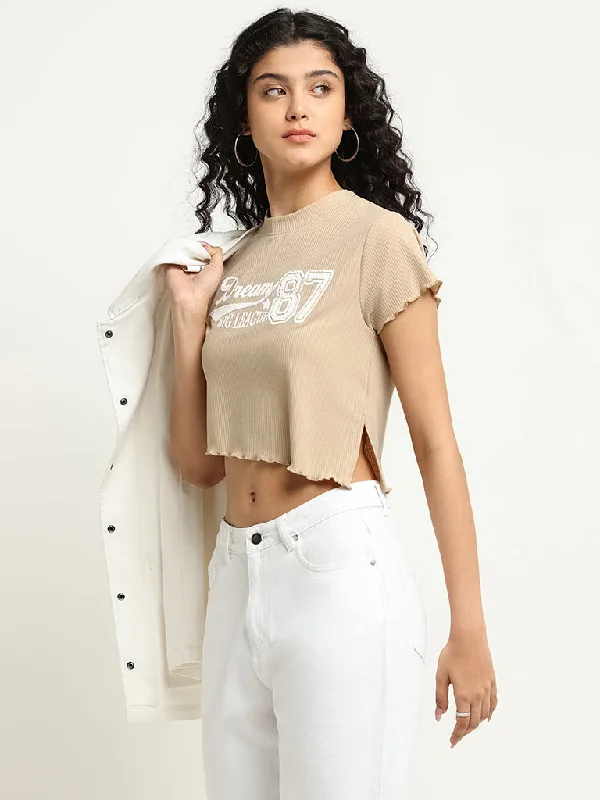 Nuon Beige Printed Cotton Crop T-Shirt