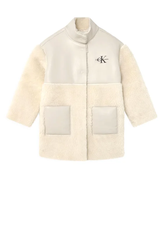 Calvin Klein Girl Faux Fur Leather Coat, Eggshell