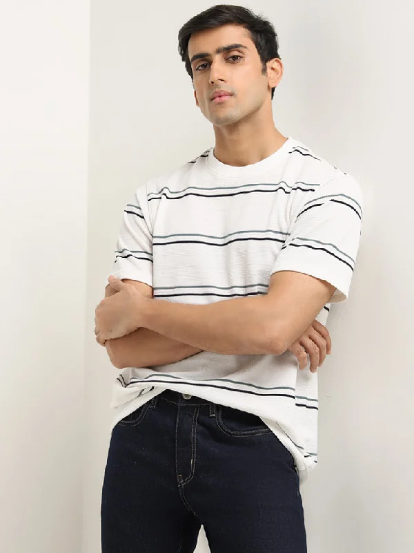 WES Lounge White Stripe Printed Relaxed Fit T-Shirt