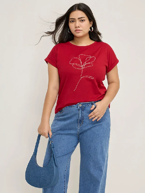 Gia Red Floral Embellished Cotton T-Shirt