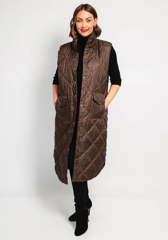 Normann Gingham Print Longline Padded Gilet, Brown