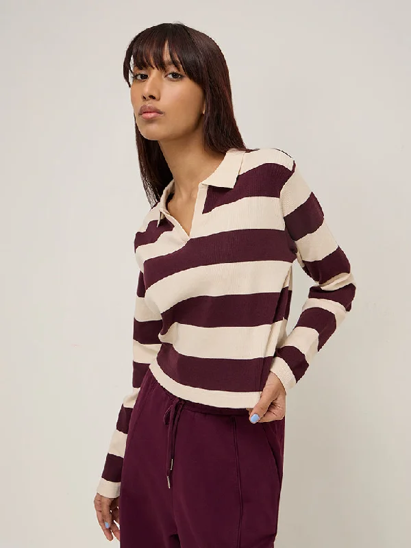 Studiofit Wine Striped and Ribbed Cotton Blend T-Shirt