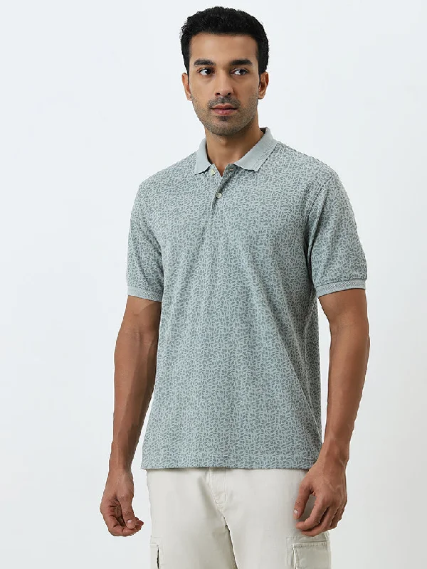 WES Casuals Light Green Printed Relaxed-Fit Polo T-Shirt